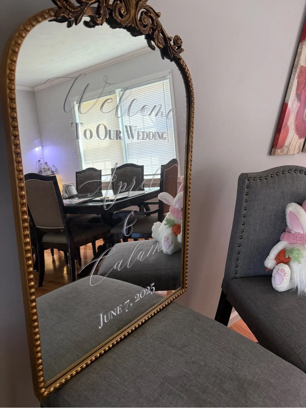 Gold Ornate Framed Wedding Welcome Mirror - Personalized White Script